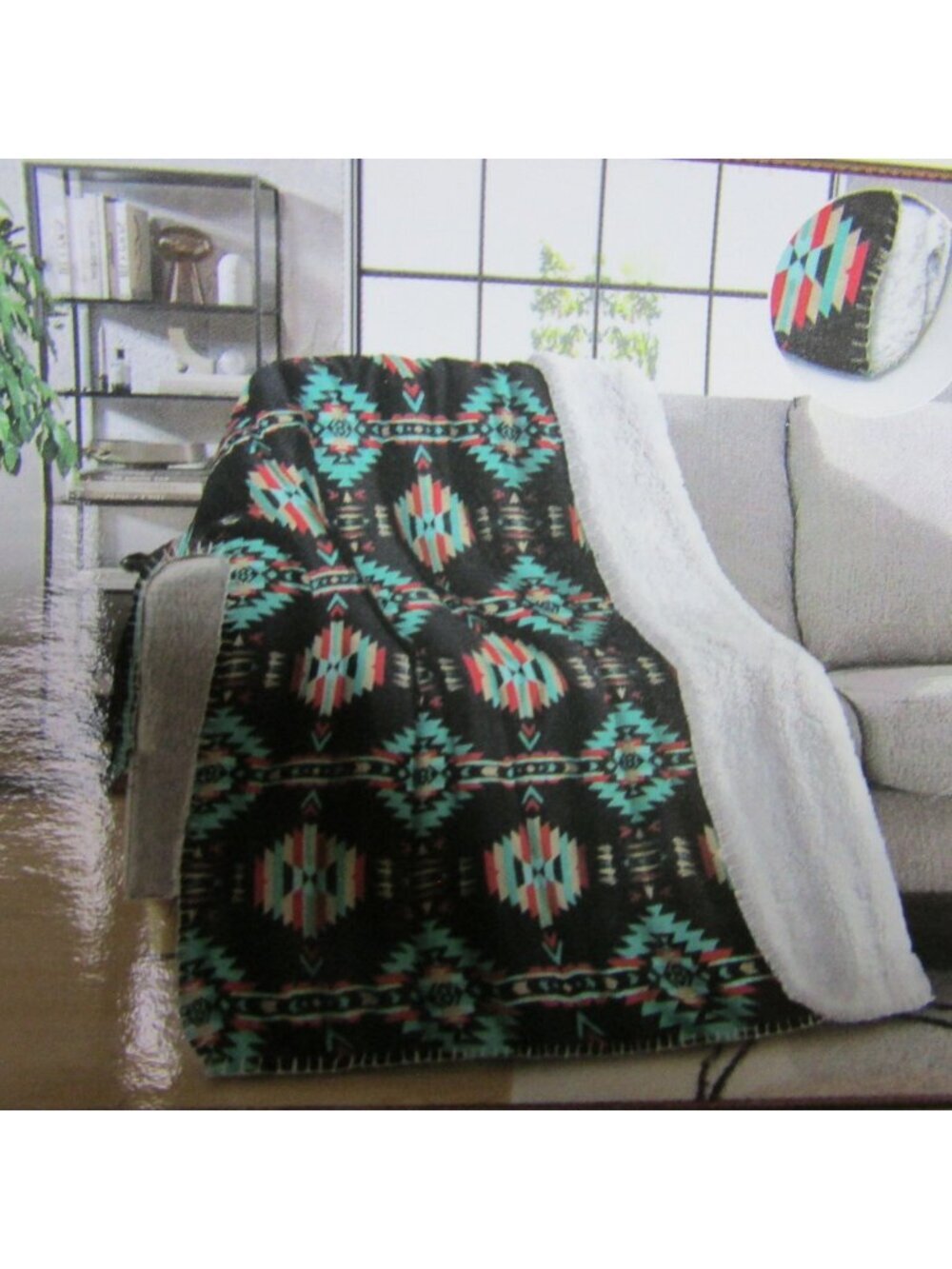 NWT Turquoise Aztec Mia Sherpa Blanket Western Linen